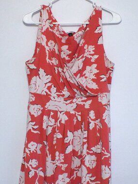 Lands’ End Women’s Dress Medium Coral Floral Sleeveless Faux Wrap Knee Length